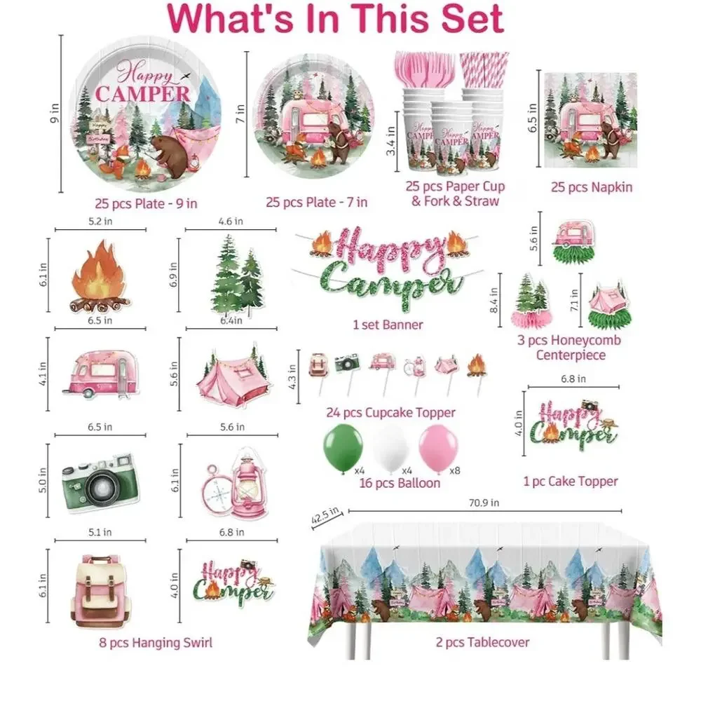 205pcs Camping Birthday Party Decorations Complete Tableware Set for 25 Guests